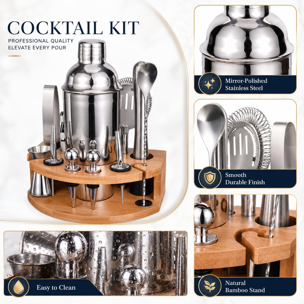 Aldernest Cocktail Shaker Set with Bamboo Stand, 2.6 pounds, Silver, 12