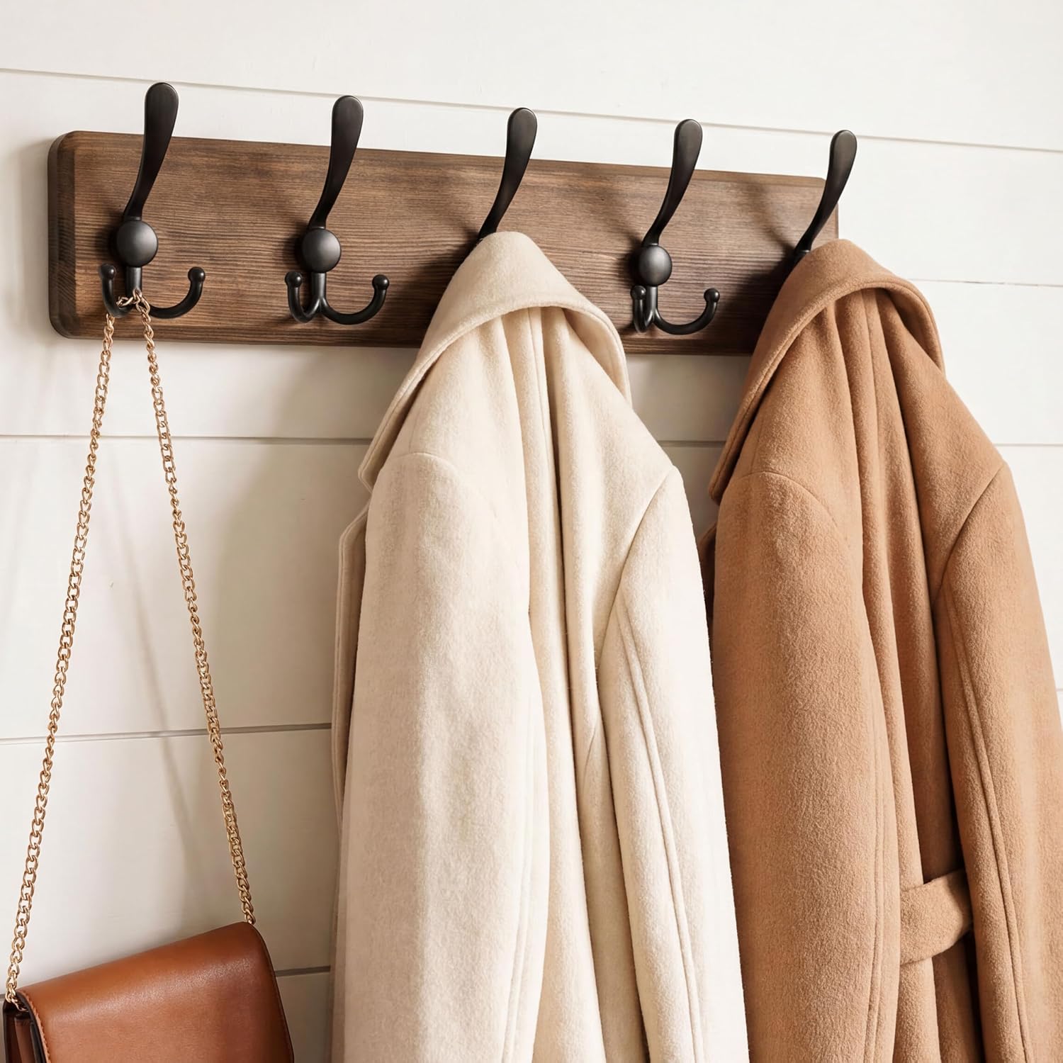 Fernhollow Rustic Coat Rack Wall Mount, Solid Wood Coat Hooks Wall Mounted Coat Hanger, 16 ounces, Brown