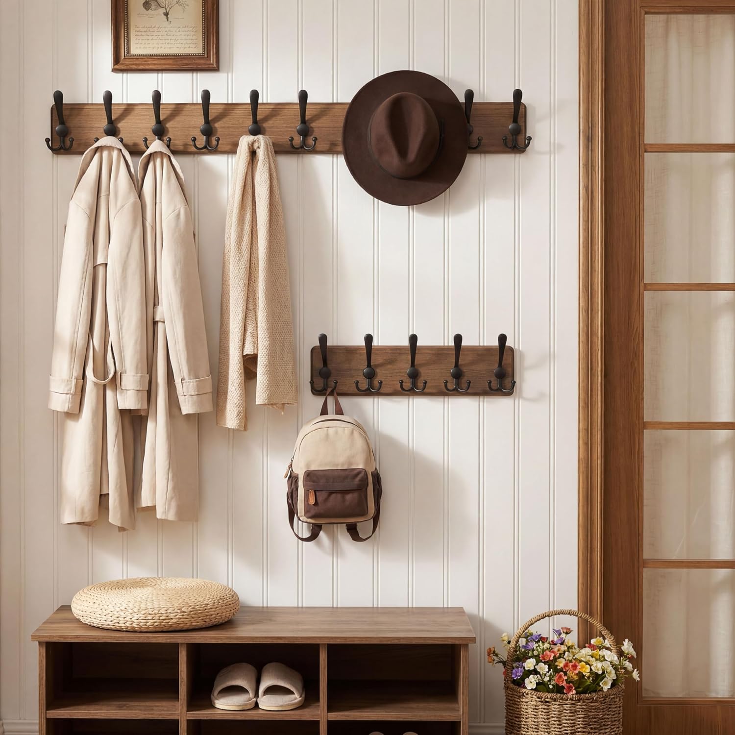 Fernhollow Rustic Coat Rack Wall Mount, Solid Wood Coat Hooks Wall Mounted Coat Hanger, 16 ounces, Brown