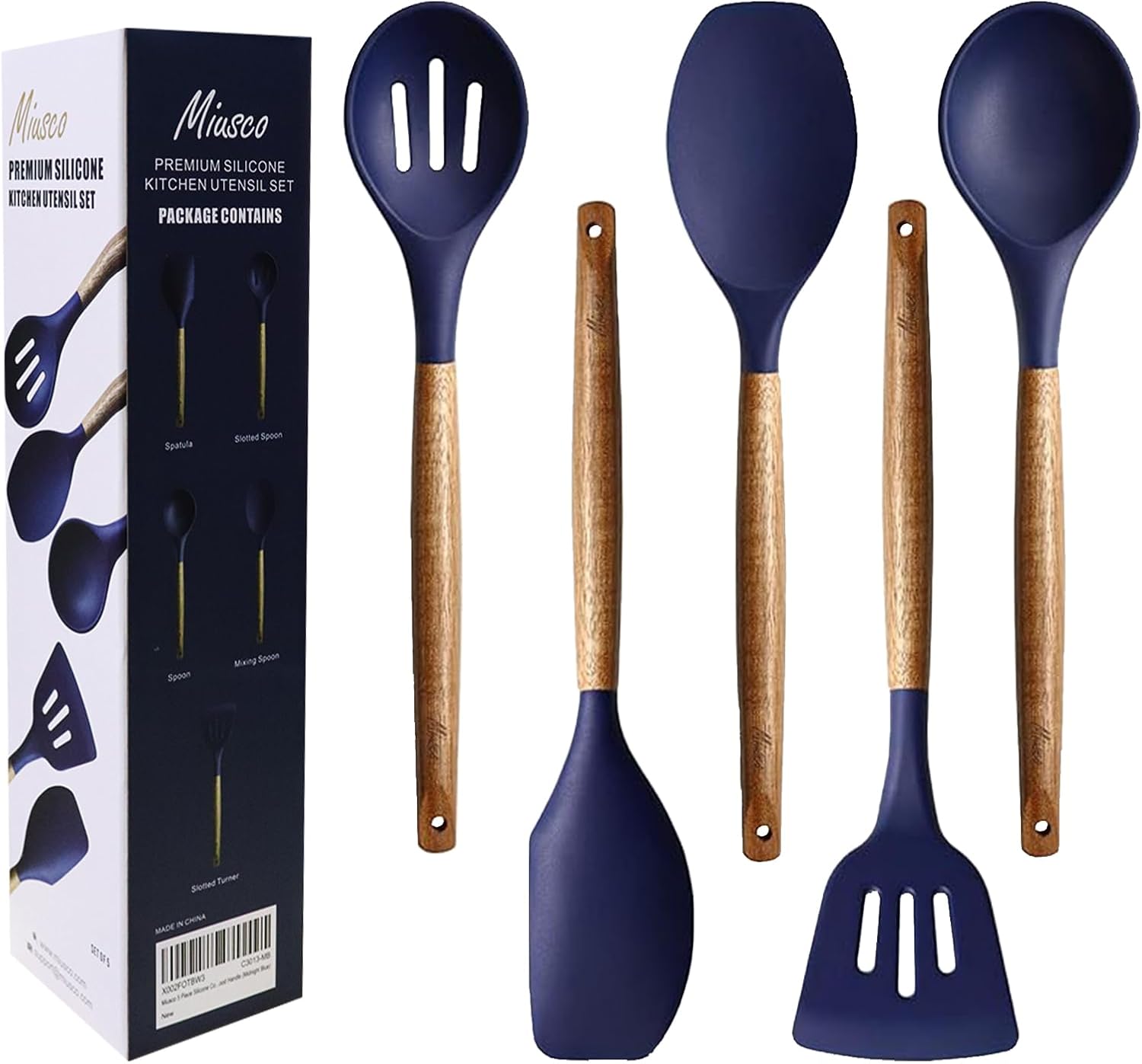 Aldernest Non-Stick Silicone Kitchen Utensils Set with Natural Acacia Hard Wood Handle, 0.36 kg, Midnight Blue, 5 Count