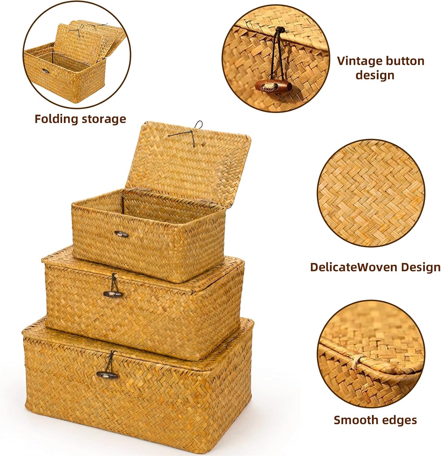 Ashenby Boho Nesting Shelf Baskets with Lid, Set of 3 Household Organizer Bins, 1.4 pounds, Brown