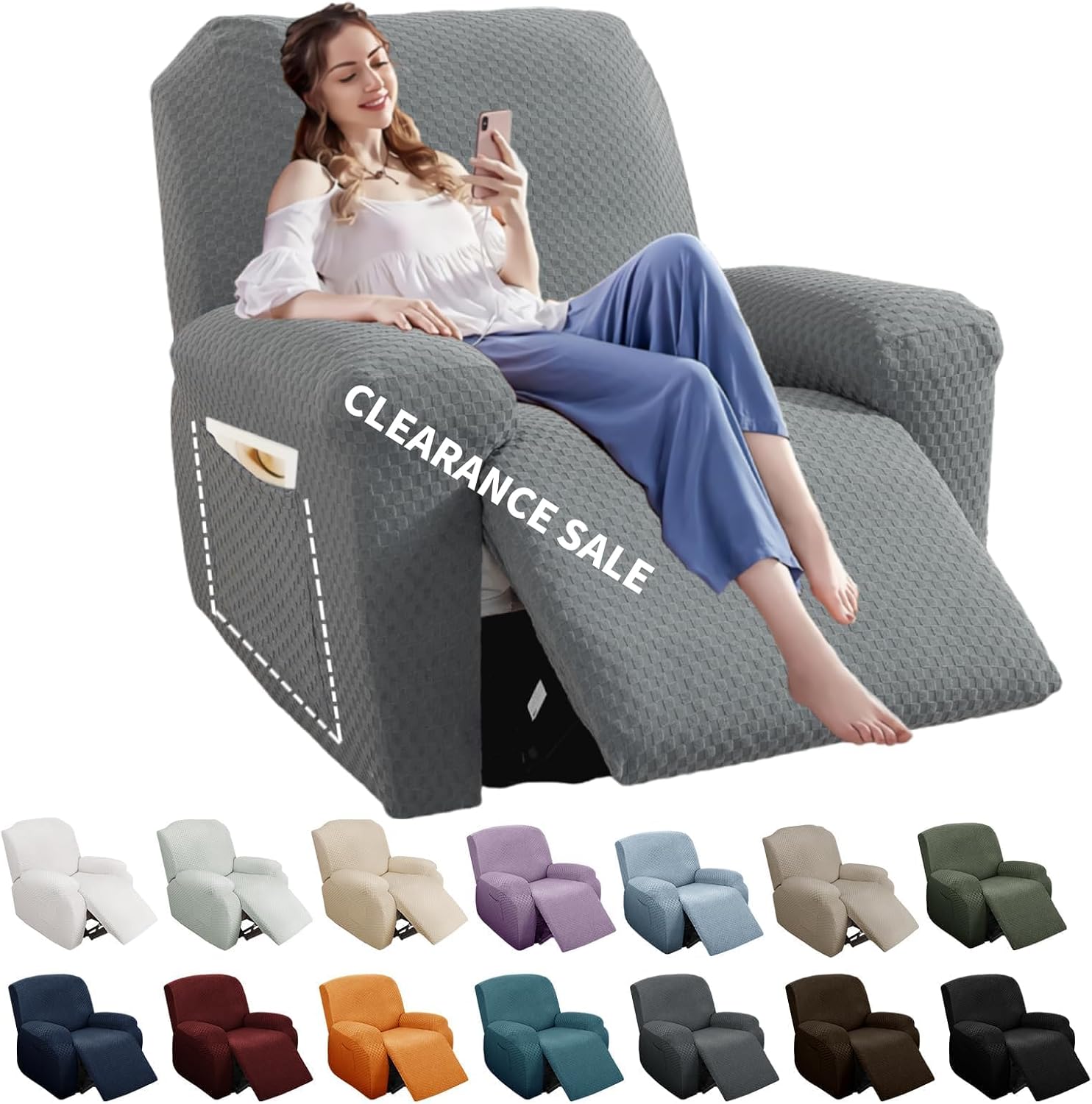 Ashenby 4 Pieces Stretch Recliner Slipcover Latest Jacquard Recliner Chair Cover with Side Pocket Anti-Slip Fitted Recliner Cover Couch Furniture