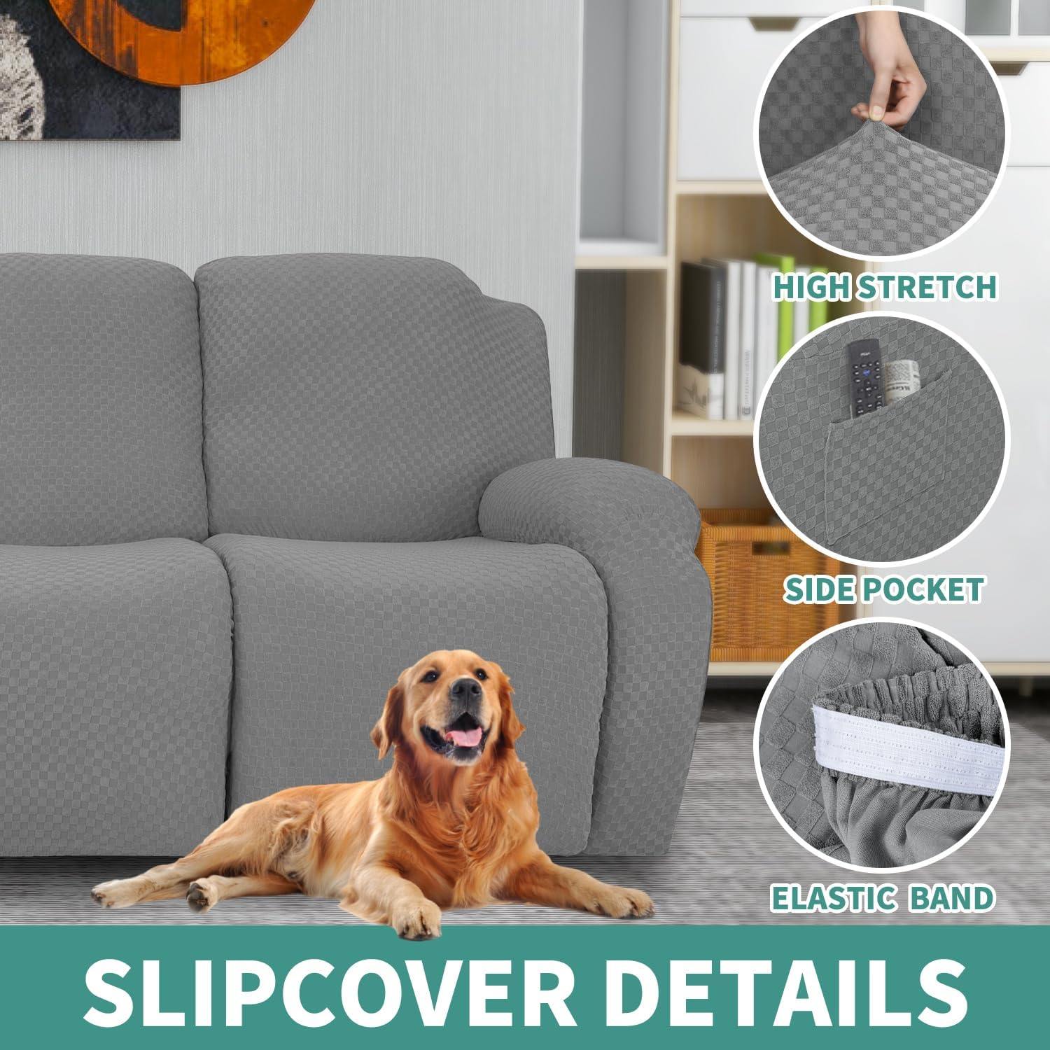 Ashenby 4 Pieces Stretch Recliner Slipcover Latest Jacquard Recliner Chair Cover with Side Pocket Anti-Slip Fitted Recliner Cover Couch Furniture