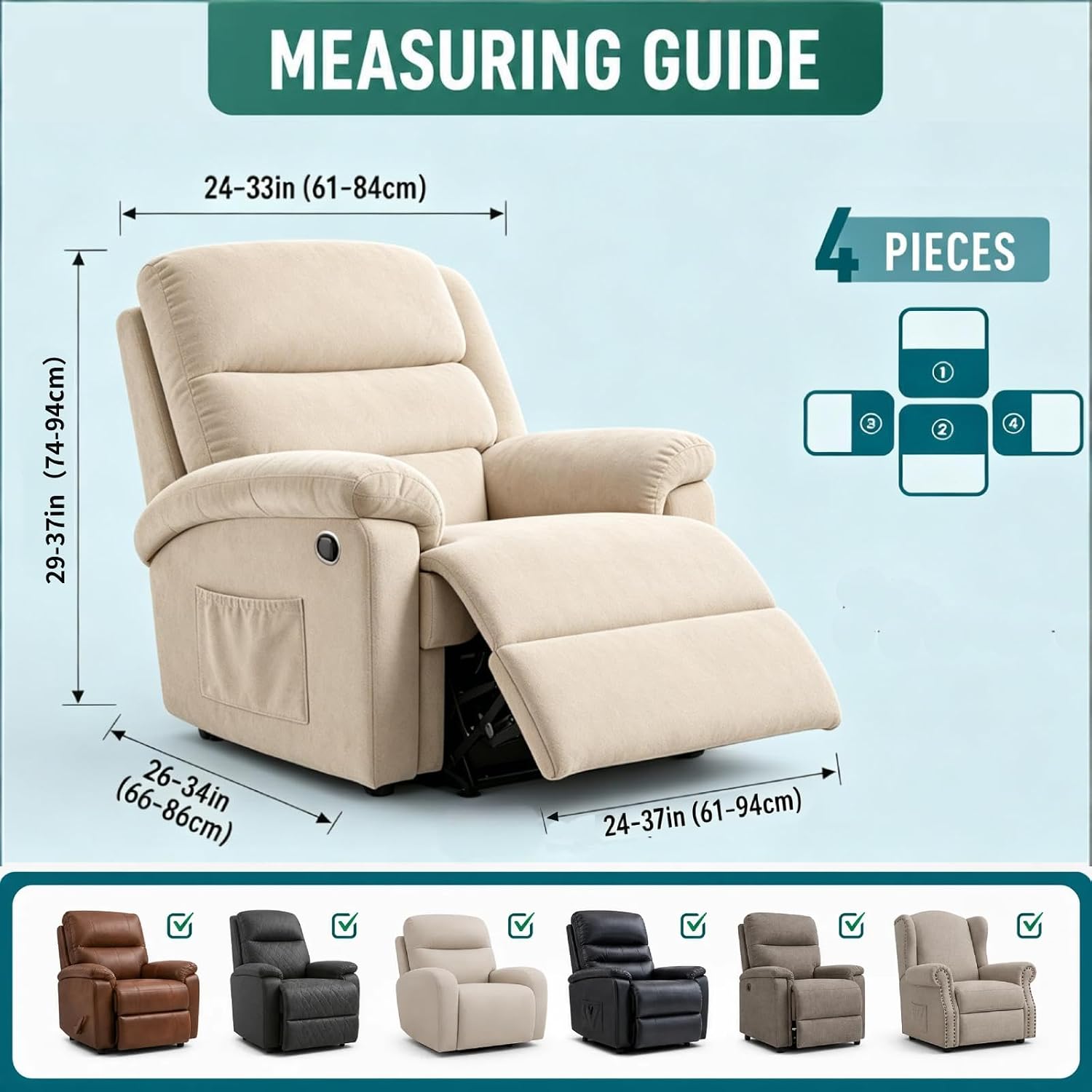 Ashenby 4 Pieces Stretch Recliner Slipcover Latest Jacquard Recliner Chair Cover with Side Pocket Anti-Slip Fitted Recliner Cover Couch Furniture