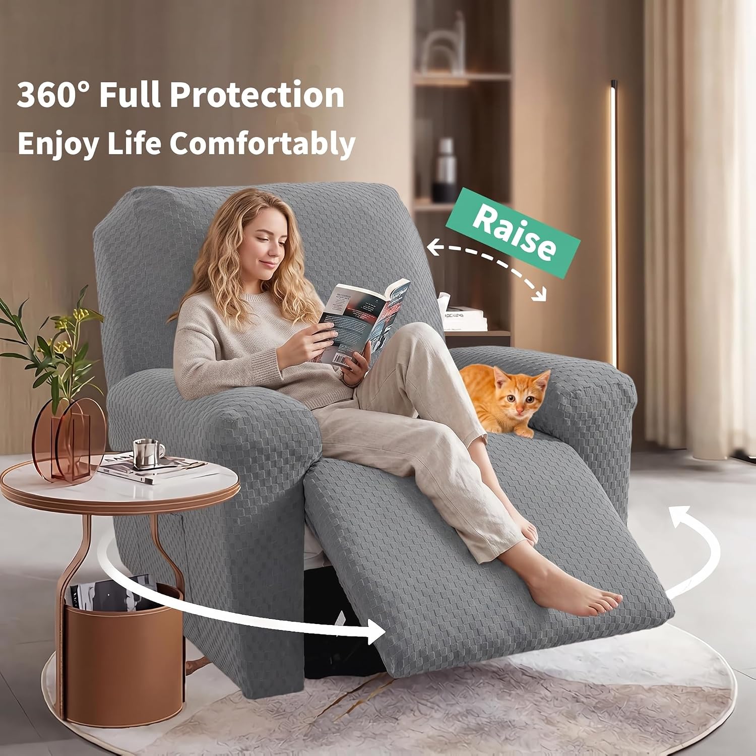 Ashenby 4 Pieces Stretch Recliner Slipcover Latest Jacquard Recliner Chair Cover with Side Pocket Anti-Slip Fitted Recliner Cover Couch Furniture