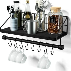NestoraHome Floating Shelf for Wall with Wooden Towel Bar, Black, 1.4 pounds, 17.32"W x 6.1"D x 6.3"H