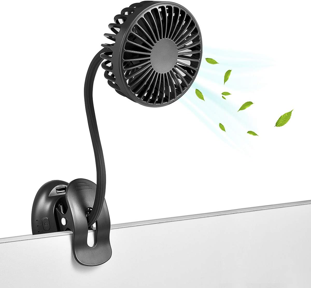 Aldernest Clip On USB Mini Desk Fan with Emergency Power Bank, portable, Black
