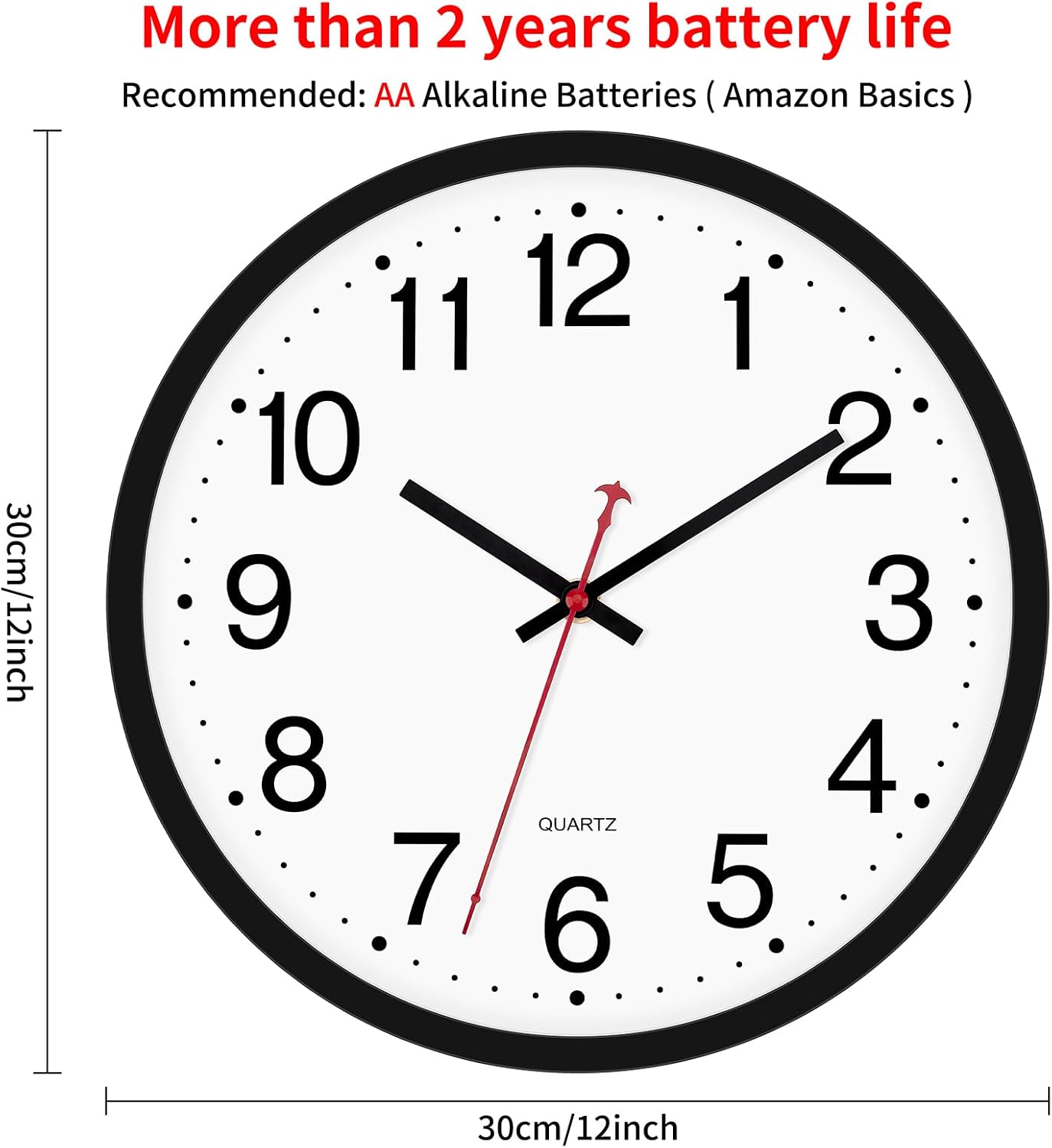 Ashenby 12 Inch Wall Clock Silent Battery Operated Analog Clock, Black, 12.8 ounces