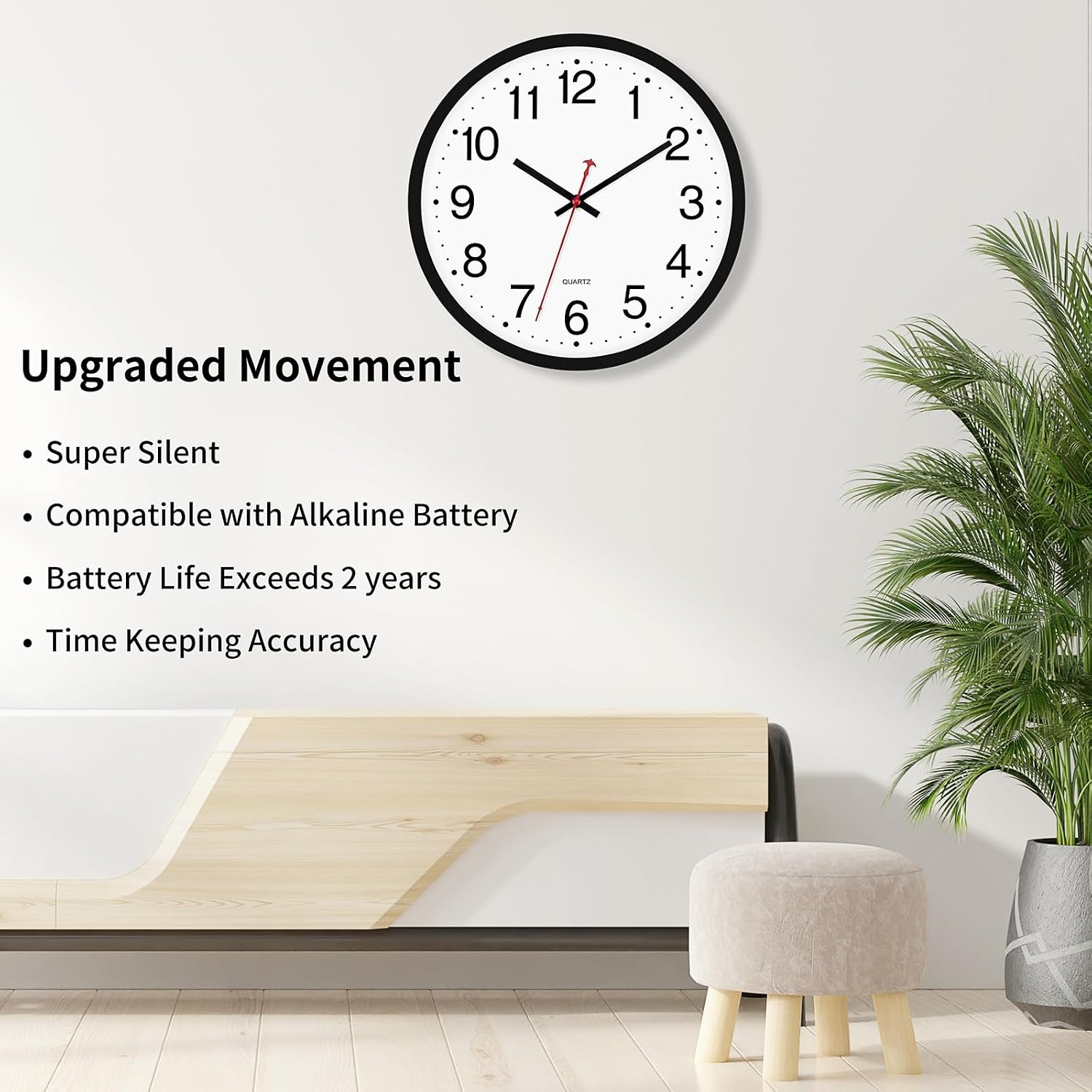 Ashenby 12 Inch Wall Clock Silent Battery Operated Analog Clock, Black, 12.8 ounces