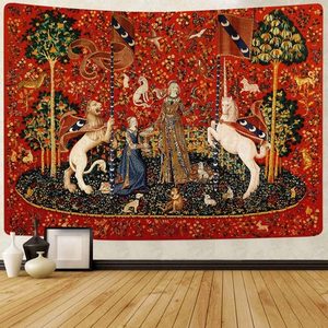 Aldernest Medieval Tapestry Royal Maiden and Unicorn Decor, Red 80x60, 0.4 kg