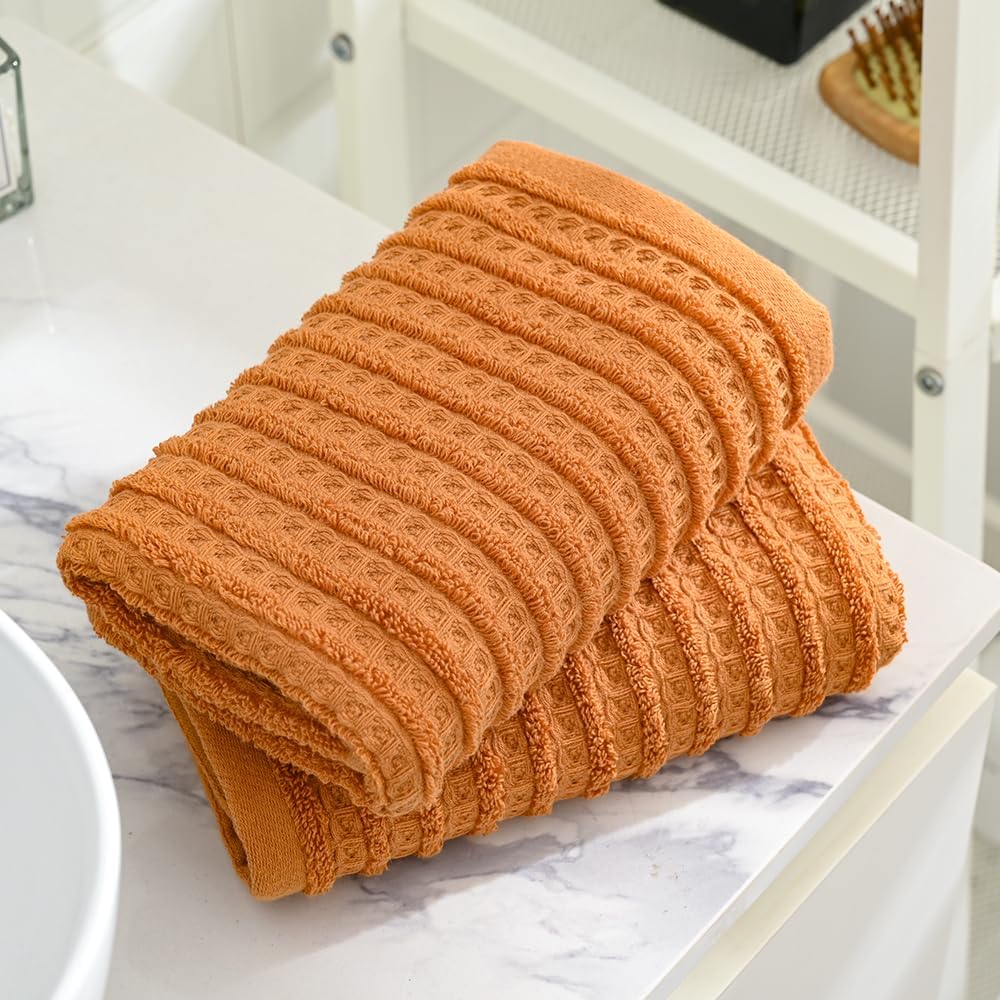 Aldernest Burnt Orange Waffle Hand Towel 13 x 29 Inch 2 Pieces, Small