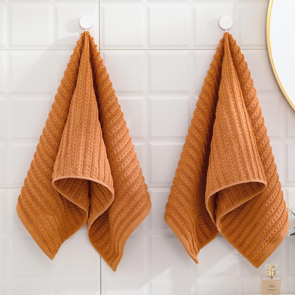 Aldernest Burnt Orange Waffle Hand Towel 13 x 29 Inch 2 Pieces, Small