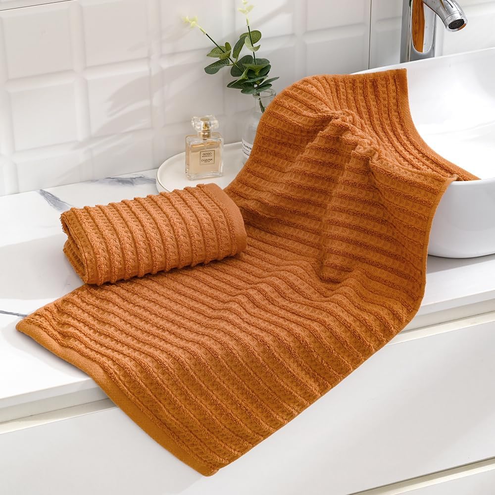Aldernest Burnt Orange Waffle Hand Towel 13 x 29 Inch 2 Pieces, Small