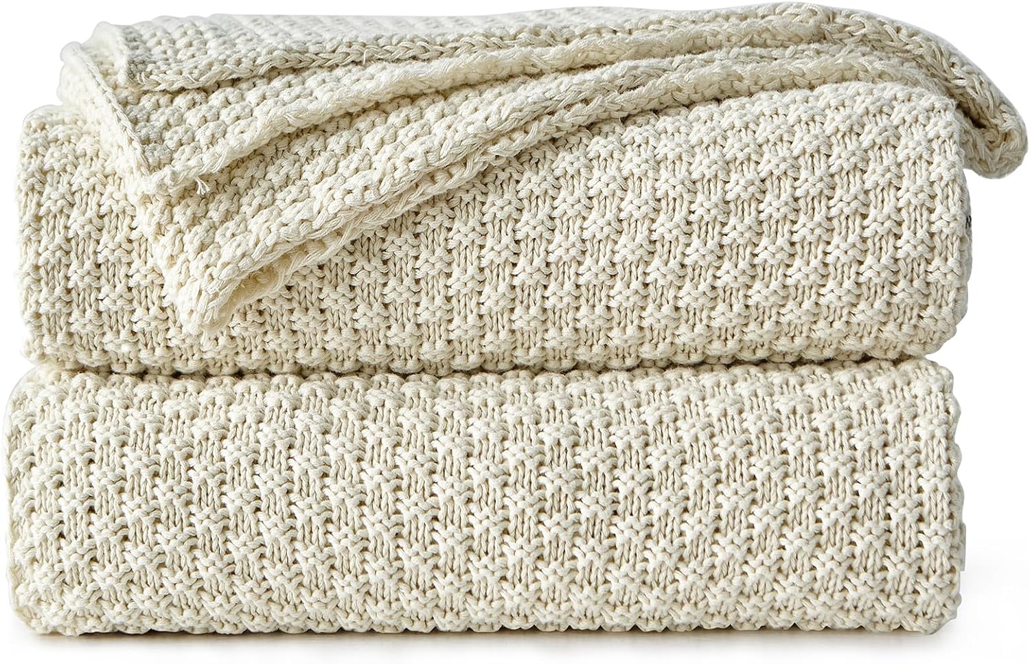 Barleyfield 100% Cotton Knitted Throw Blanket – Cream, Soft & Cozy, Machine Washable, 3 pounds, 51" x 63", Standard