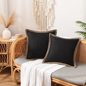 VelloHome Set of 2 Farmhouse Throw Pillow Covers - Burlap Linen Trimmed Tailored Edges Decorative Cushion Covers for Bed Home Decoration, 18 x 18