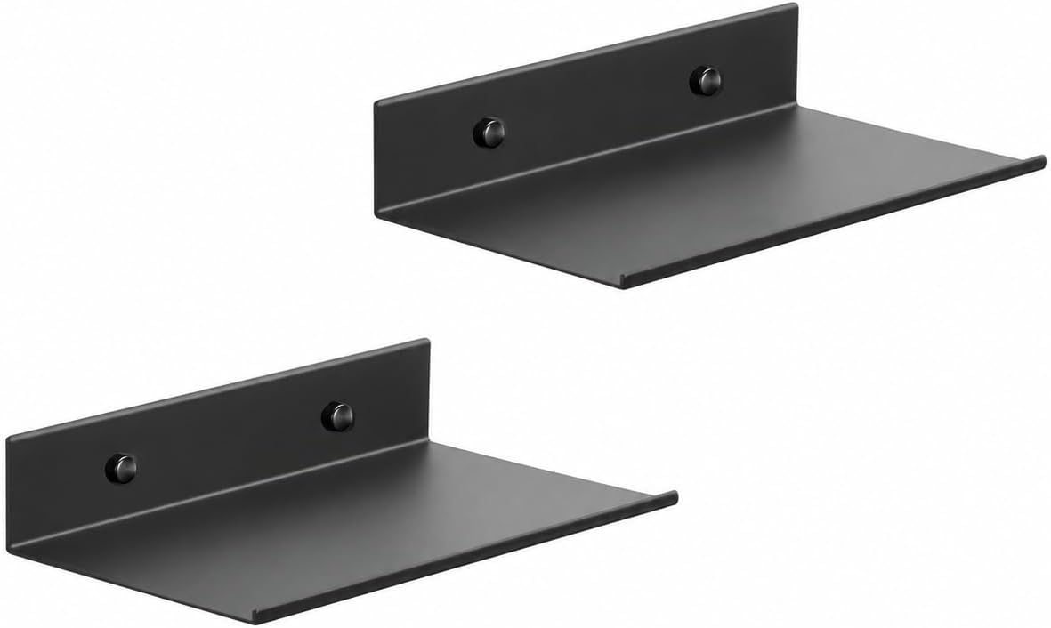 Quillstone Small Wall Shelf, 8 Inch Metal Floating Shelves, Black, 2 Pack, 330 g