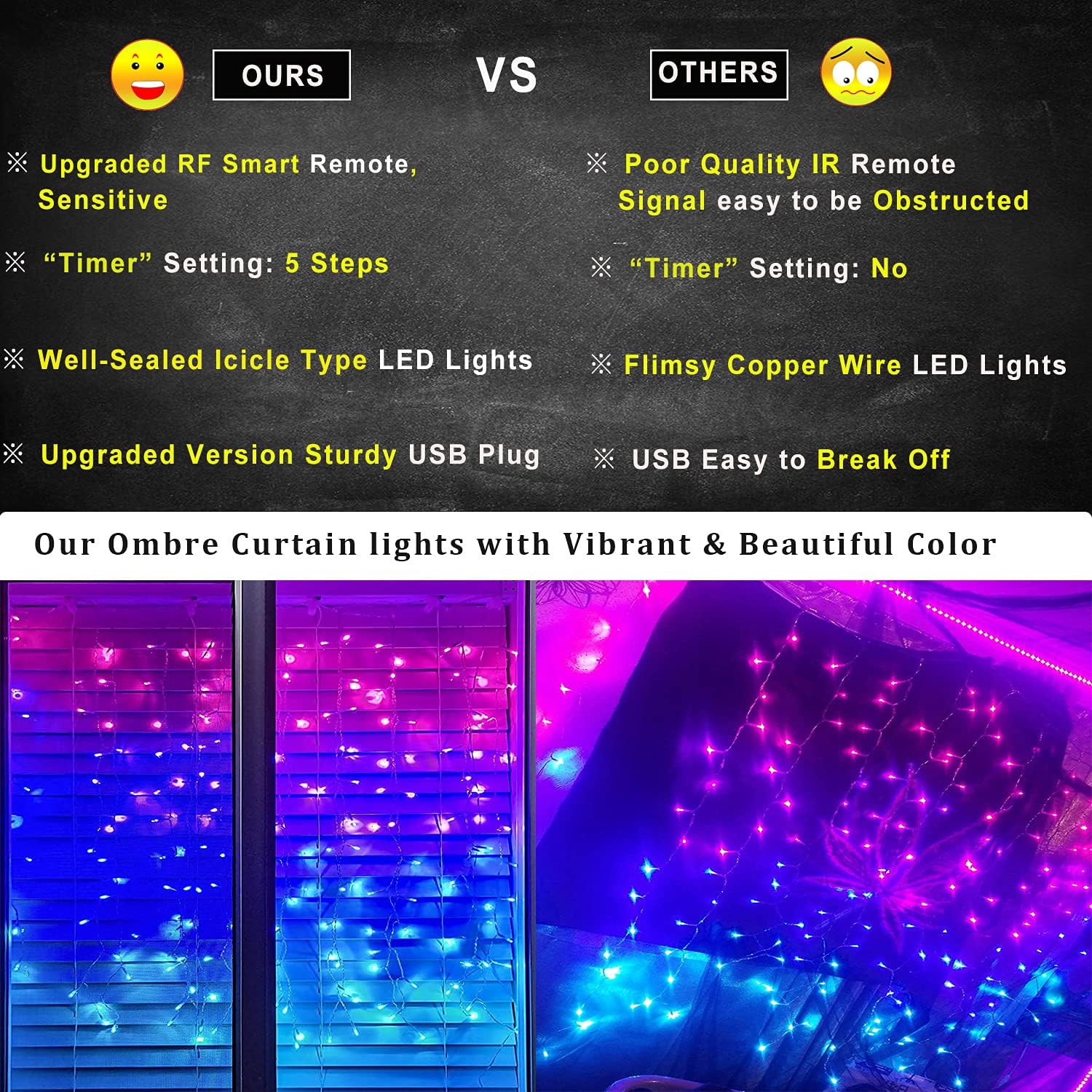 Aldernest Pink Purple & Blue Ombre LED Curtain Lights with Remote, Mermaid Color