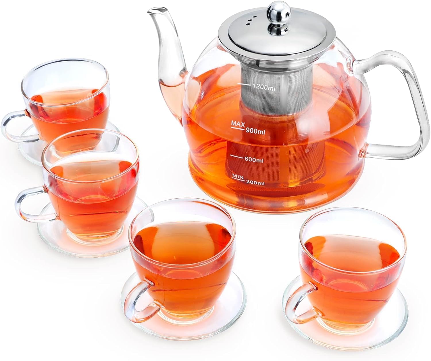 Aldernest Tea Pot Set–1200ml Glass Teapot with 4 Glass Teacups, 5