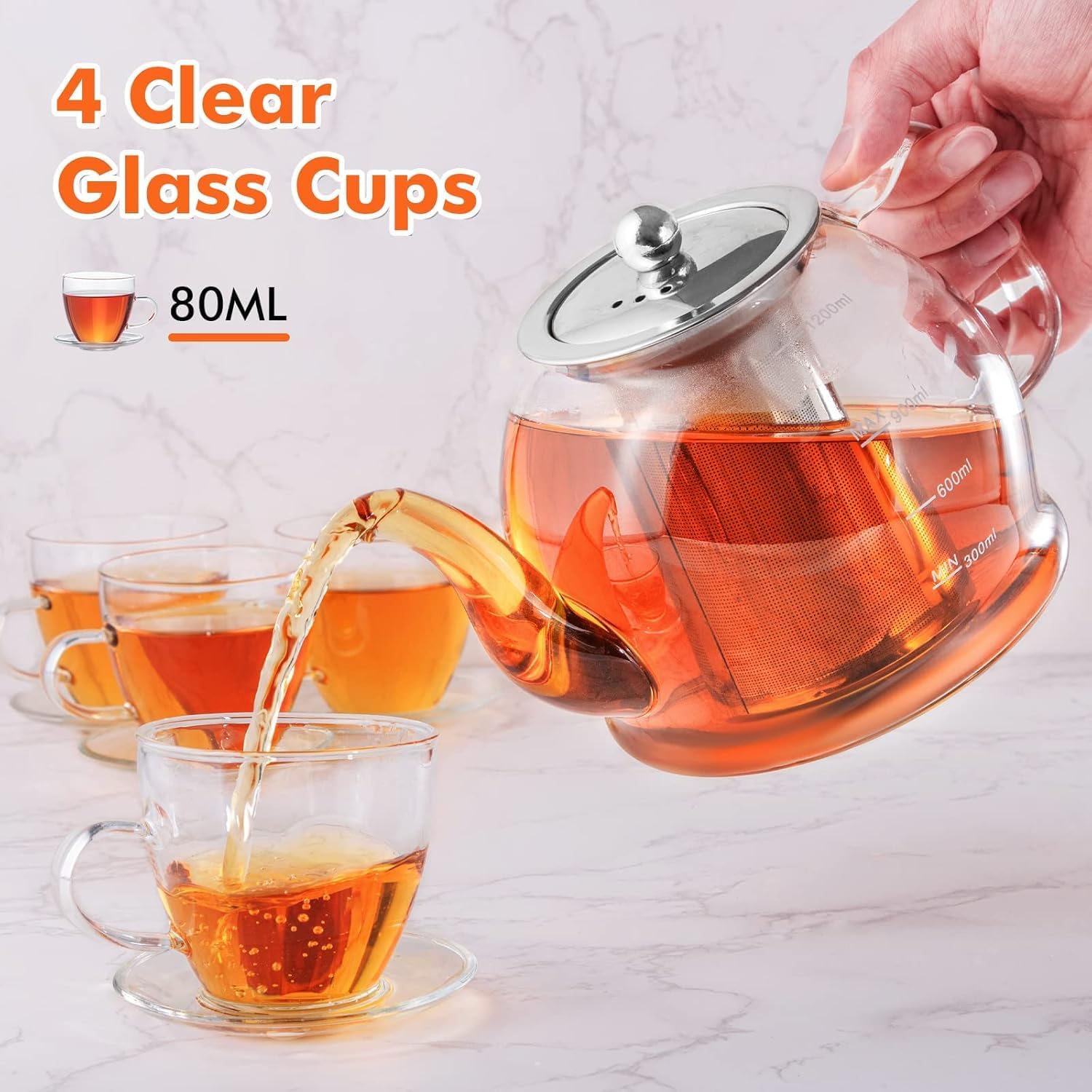 Aldernest Tea Pot Set–1200ml Glass Teapot with 4 Glass Teacups, 5