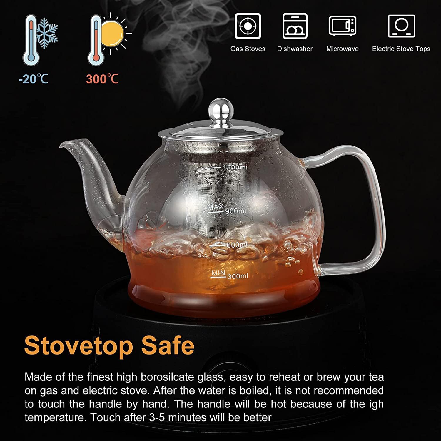 Aldernest Tea Pot Set–1200ml Glass Teapot with 4 Glass Teacups, 5