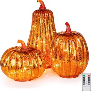 Rowanmere Glass Pumpkin with Lights and Timer Set of 3 10.8-Inch 8.5-Inch 6.5-Inch Lighted Mercury Glass Pumpkins for Fall Halloween Thanksgiving