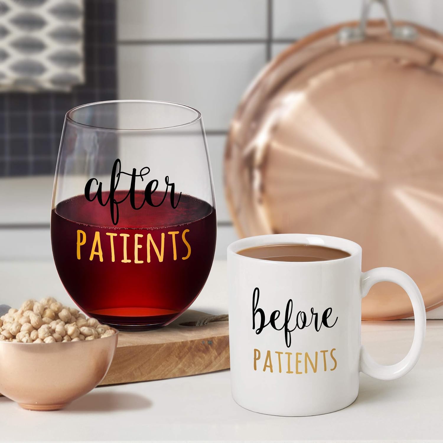 Ashenby Before Patients, After Patients 11 oz Coffee Mug and 18 oz Stemless Wine Glass Set Gifts Idea for Nurses, 1.8 pounds, 4 Piece Set, White