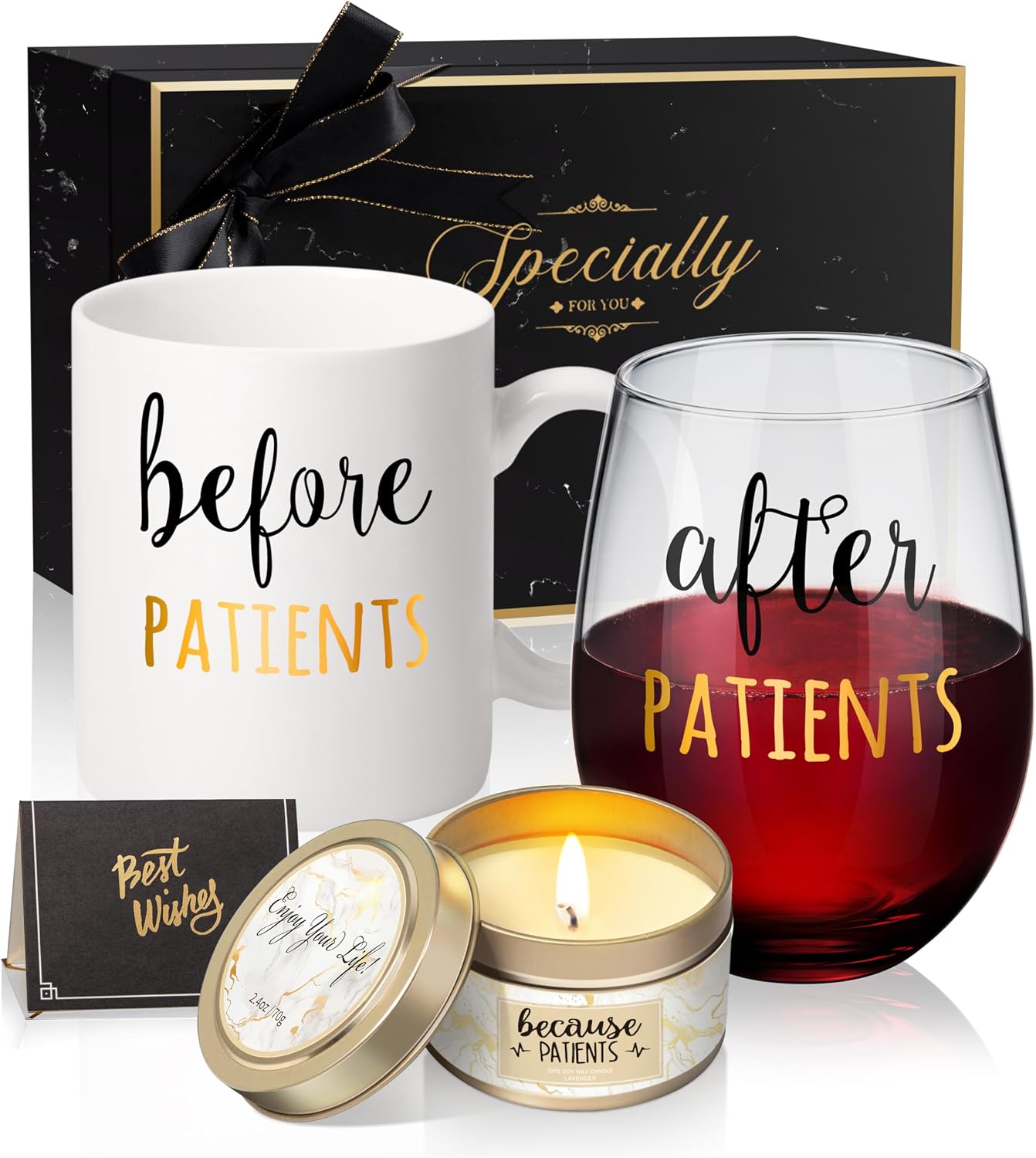 Ashenby Before Patients, After Patients 11 oz Coffee Mug and 18 oz Stemless Wine Glass Set Gifts Idea for Nurses, 1.8 pounds, 4 Piece Set, White