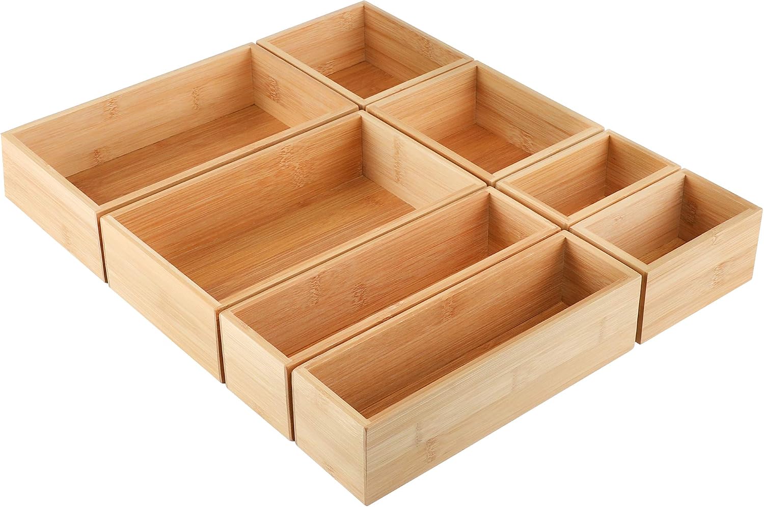 Ashenby 8Pcs Bamboo Drawer Organizer 4-Size Kitchen Storage Box for Flatware, Natural