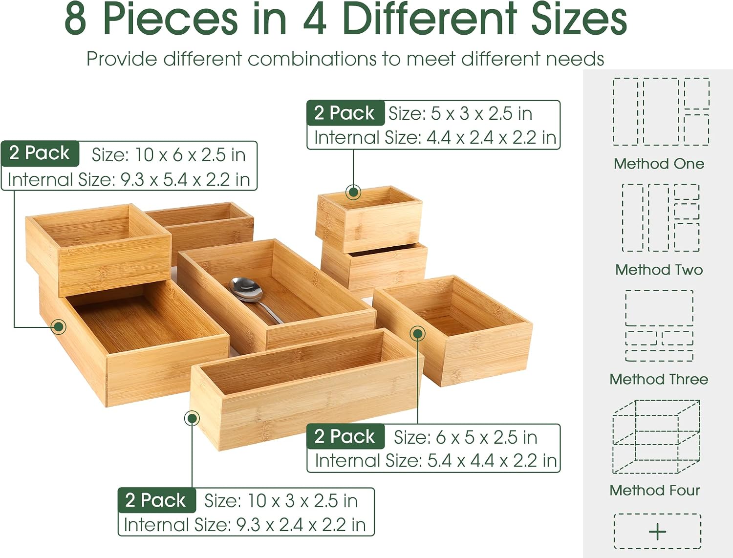 Ashenby 8Pcs Bamboo Drawer Organizer 4-Size Kitchen Storage Box for Flatware, Natural