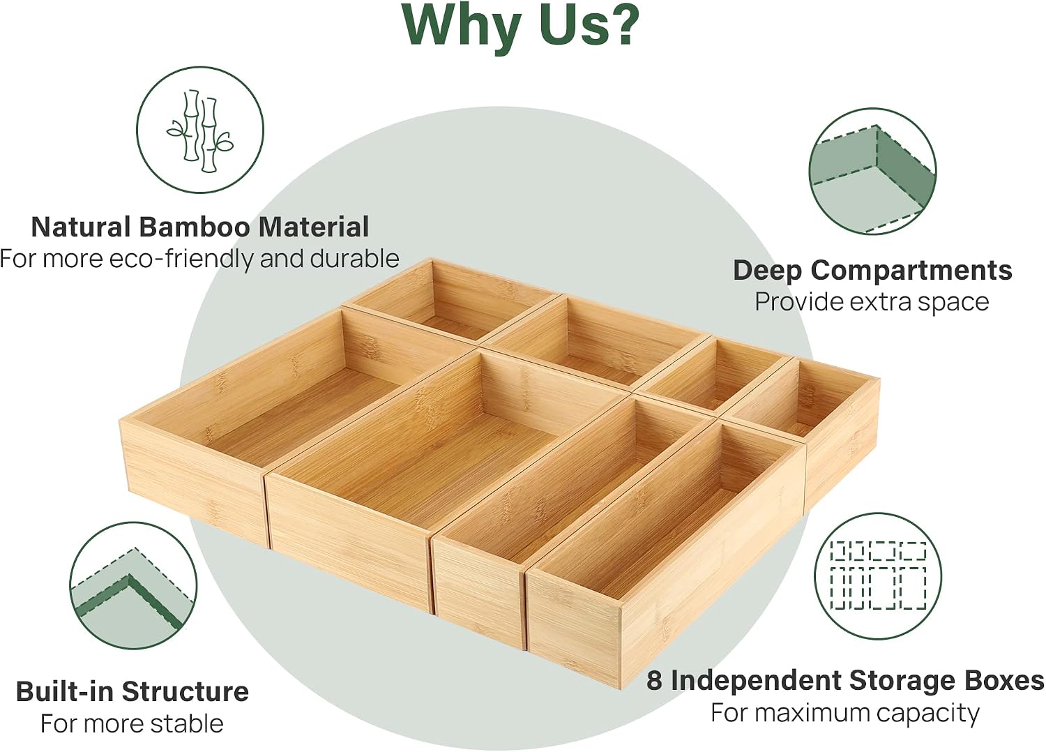 Ashenby 8Pcs Bamboo Drawer Organizer 4-Size Kitchen Storage Box for Flatware, Natural