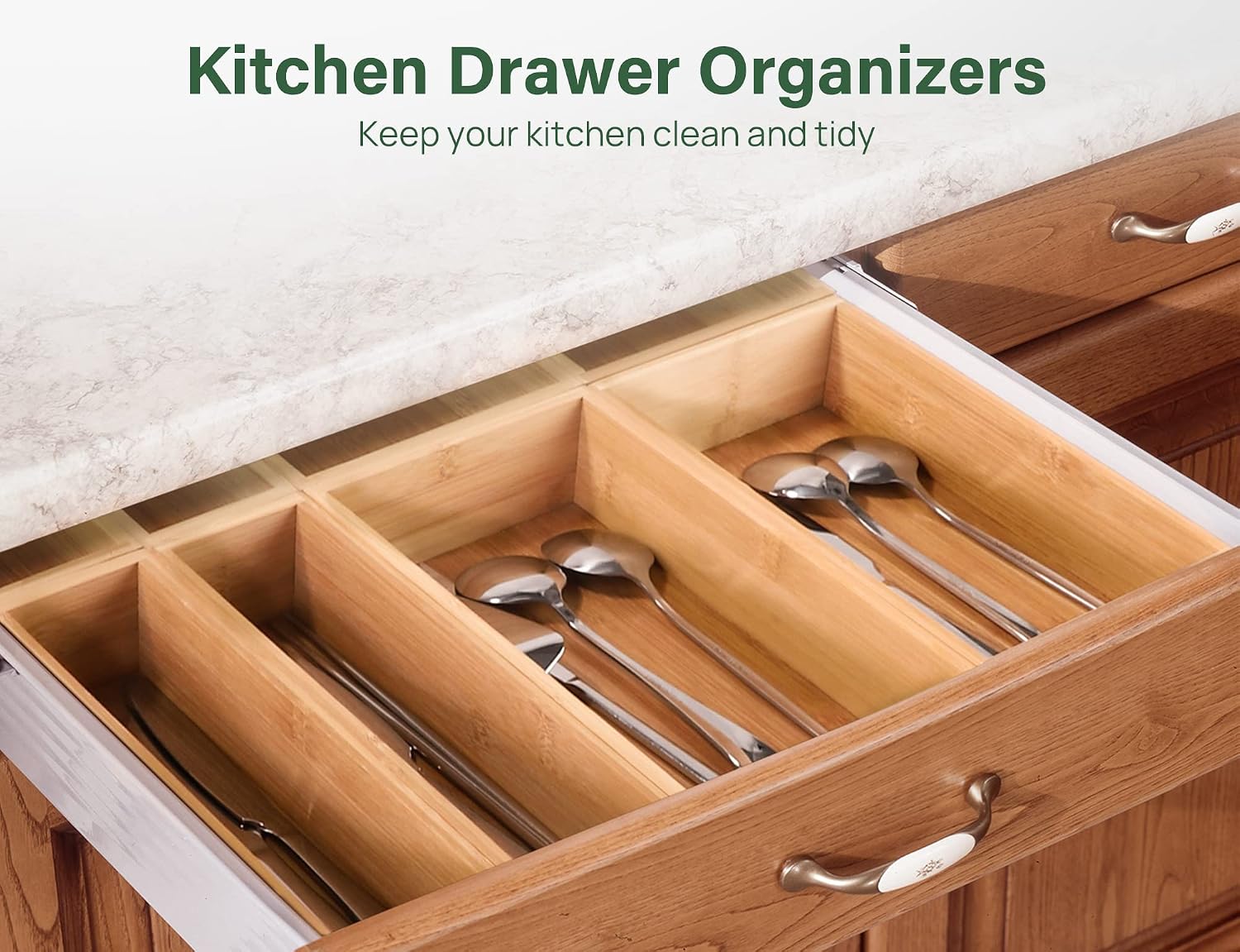 Ashenby 8Pcs Bamboo Drawer Organizer 4-Size Kitchen Storage Box for Flatware, Natural