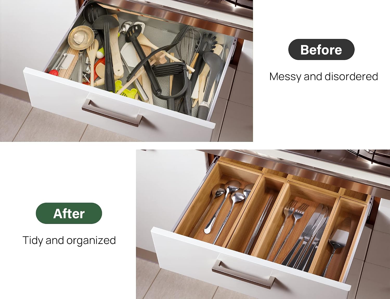 Ashenby 8Pcs Bamboo Drawer Organizer 4-Size Kitchen Storage Box for Flatware, Natural