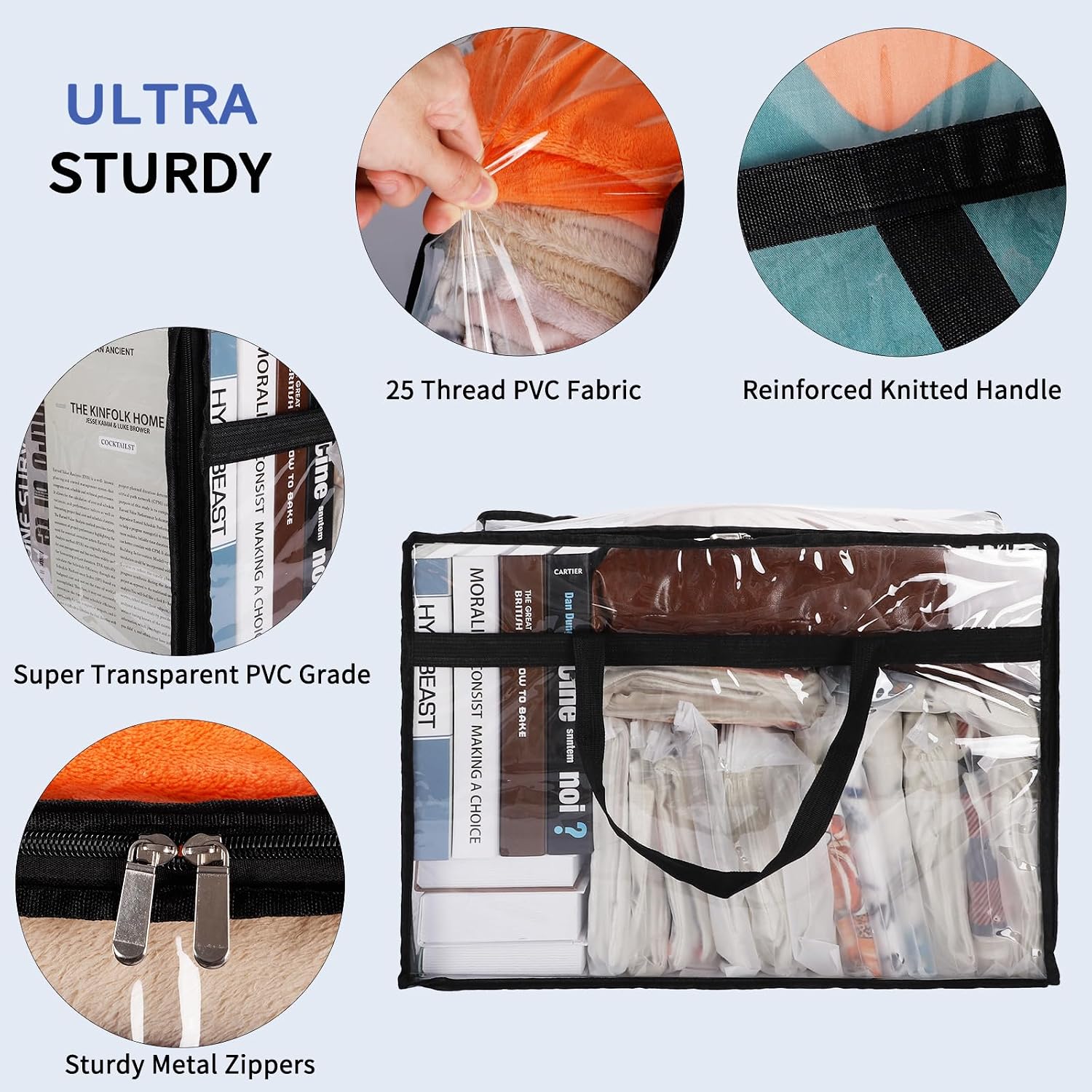 VelloHome Blanket Storage Bags Extra Large 60L 4 Pack Clothes Organizer, A-Clear