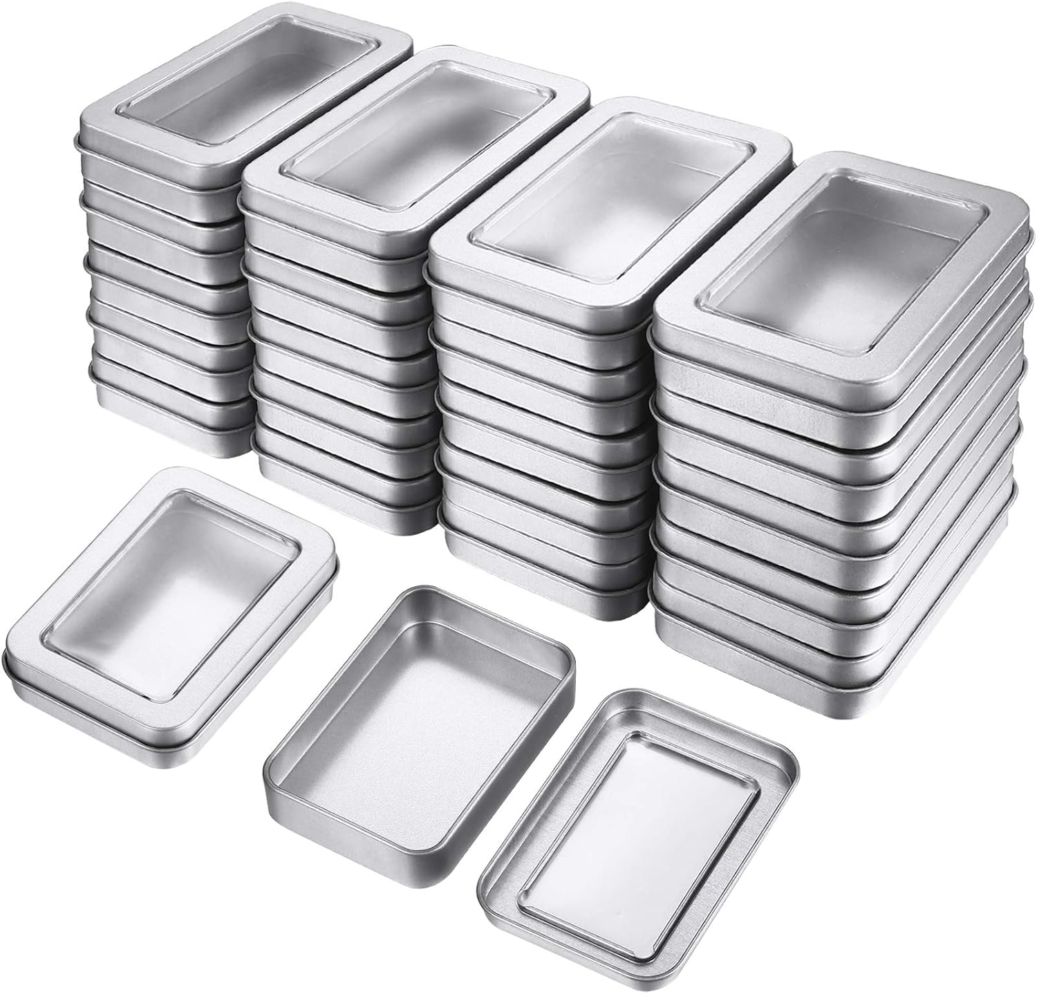 Birchmont 48 Pcs Tin Box Metal Tins with Lids Clear Top Empty Mini Portable Tins Box, 3.3 pounds, Silver