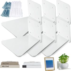 Oakmere 6 Pack Invisible Bookshelf Wall Mounted Metal Heavy Duty, White, 180 g, 3.3D x 5W x 5H in