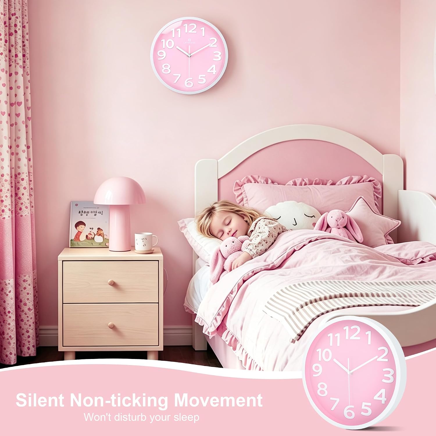 Ashenby 12 Inch Modern Analog Light Pink Wall Clock for Girls Bedroom, Diameter: 12"(30 cm)