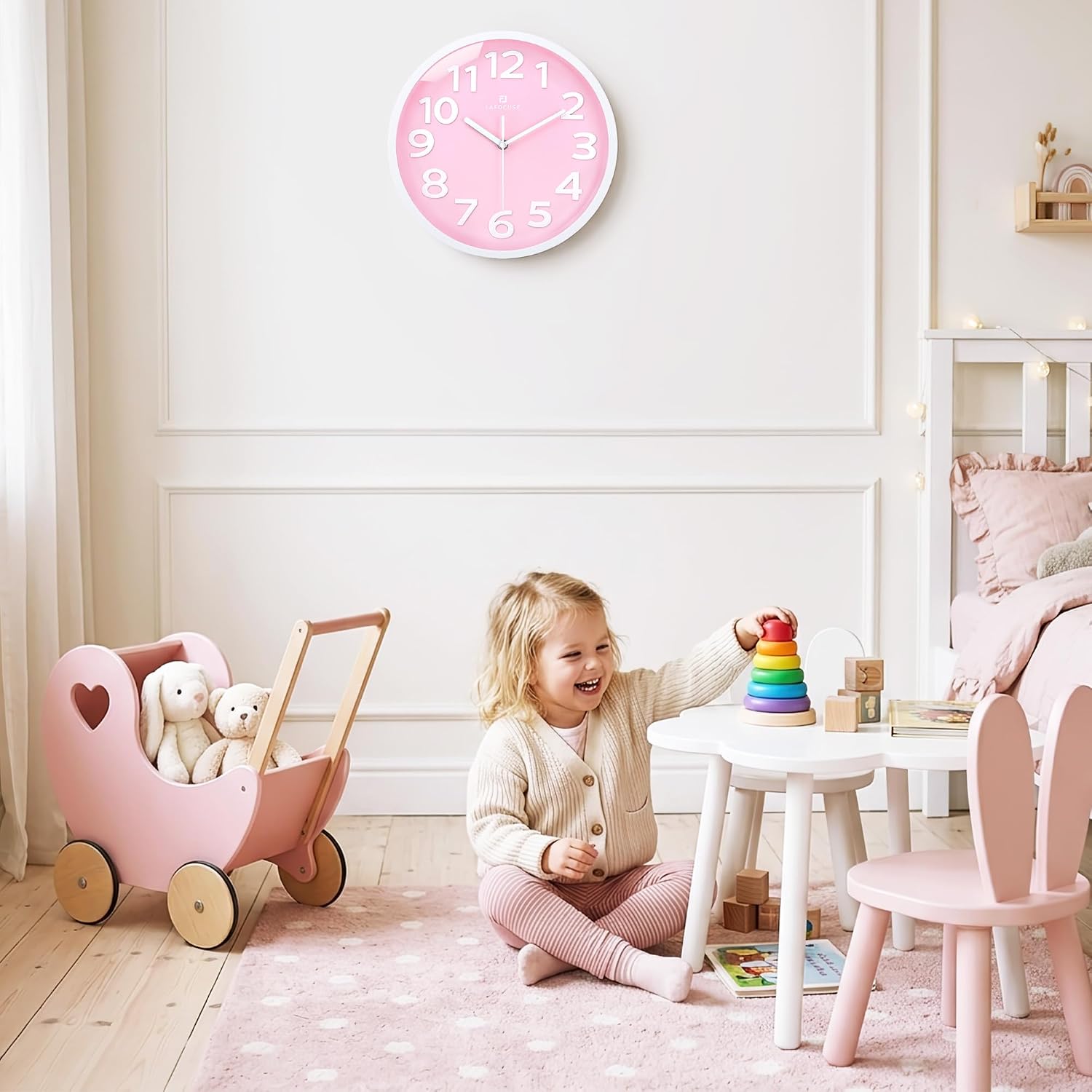 Ashenby 12 Inch Modern Analog Light Pink Wall Clock for Girls Bedroom, Diameter: 12"(30 cm)