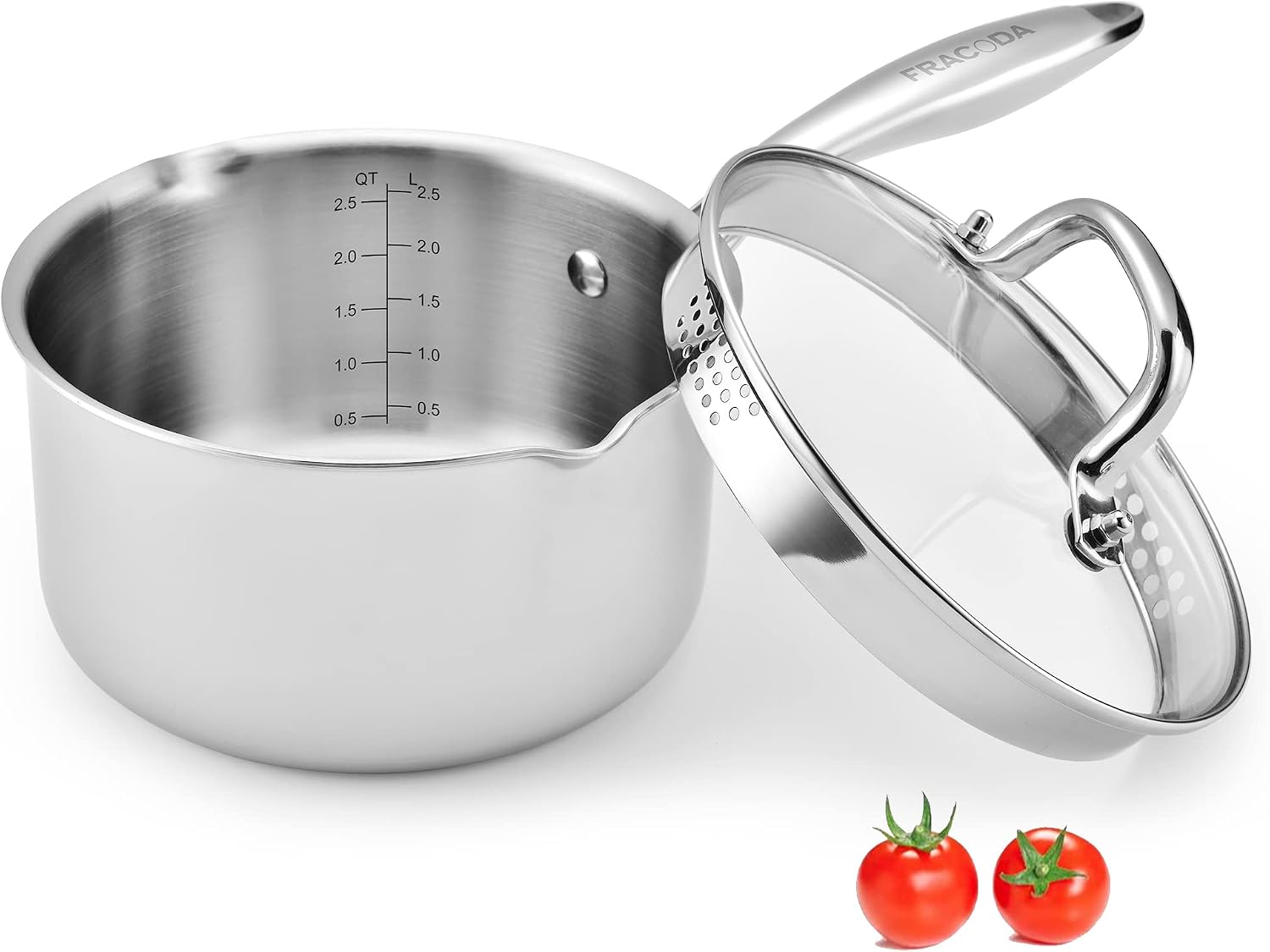 Tanglewick 2.5 Quart Stainless Steel Pot Saucepan with Glass Strainer Lid, 3.4 pounds, Polished Stainless Steel