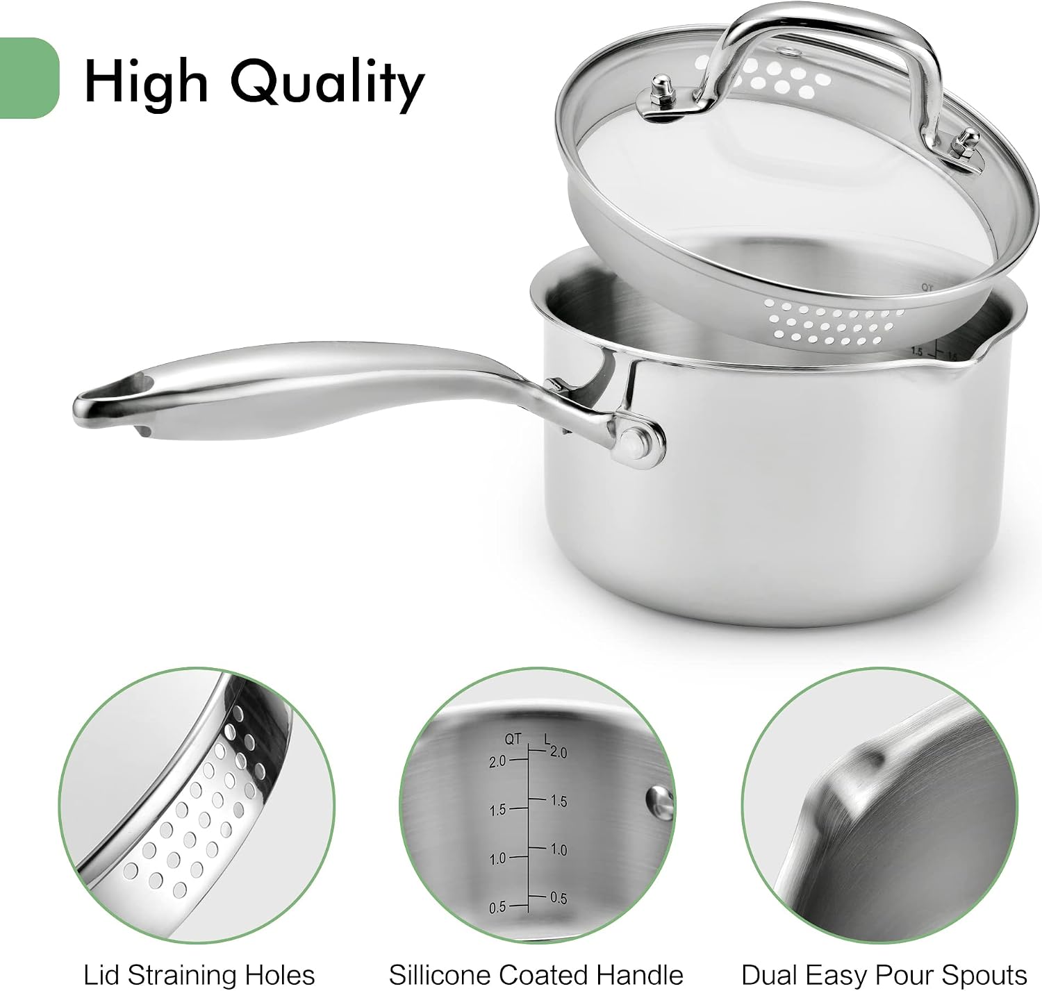 Tanglewick 2.5 Quart Stainless Steel Pot Saucepan with Glass Strainer Lid, 3.4 pounds, Polished Stainless Steel
