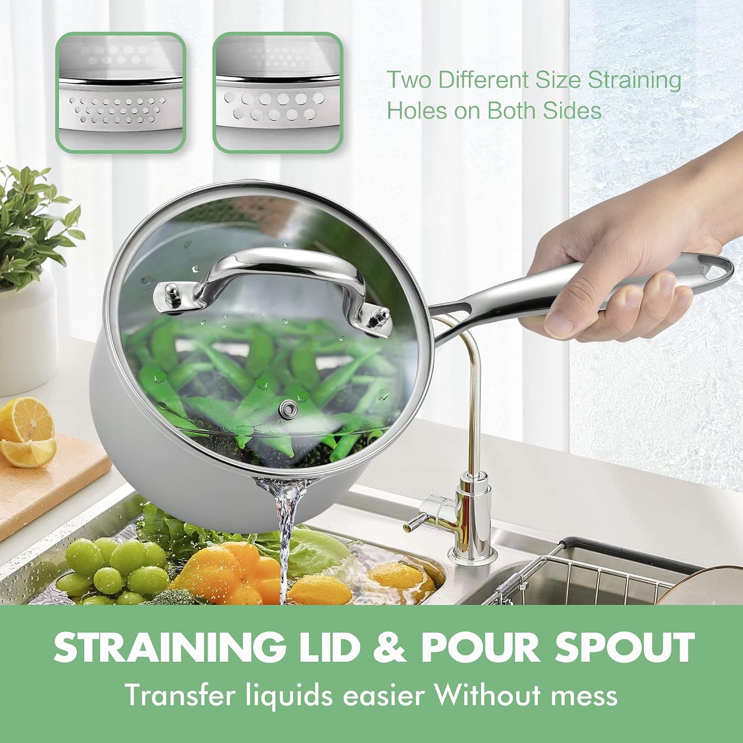 Tanglewick 2.5 Quart Stainless Steel Pot Saucepan with Glass Strainer Lid, 3.4 pounds, Polished Stainless Steel