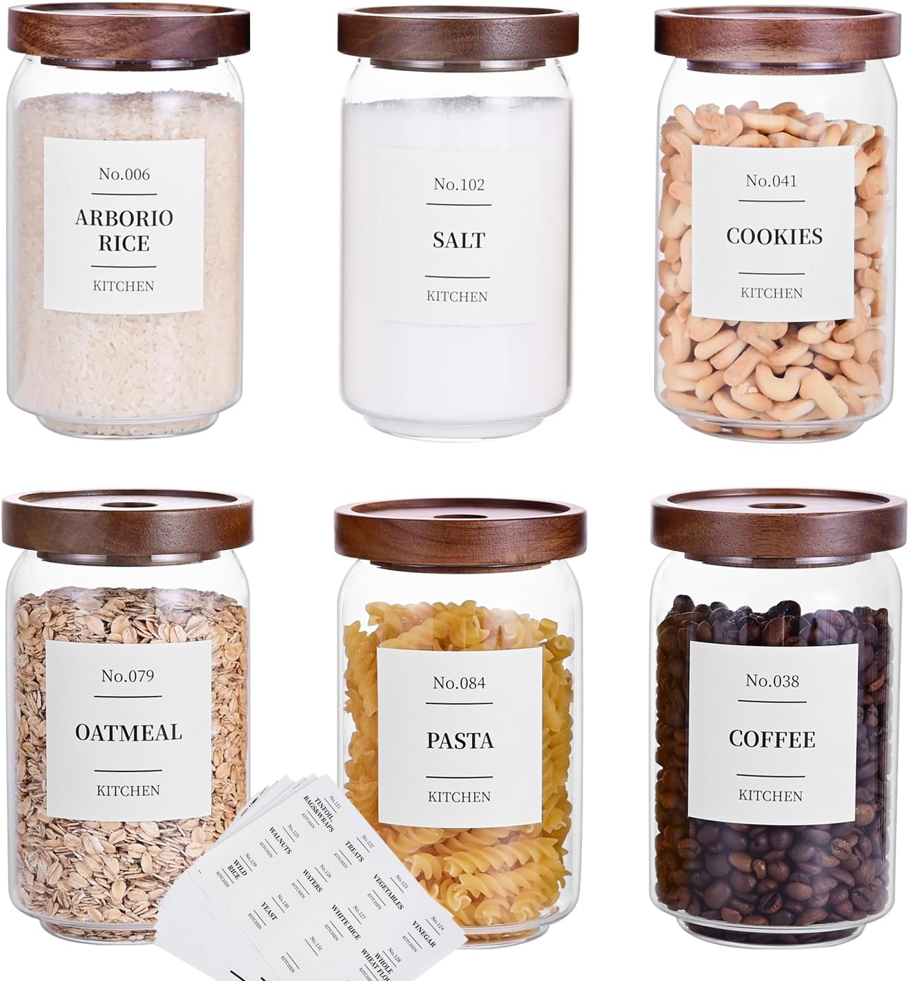 Aldernest Glass Pantry Storage Jars with Acacia Airtight Lid, 2 pounds, 25 Ounces, 6 Count