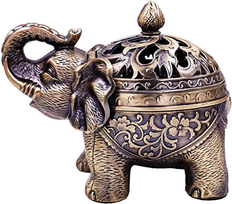 Aldernest Metal Elephant Incense Holder, Vintage Cone Coil Incense Burner with Lid, 420 g, Bronze
