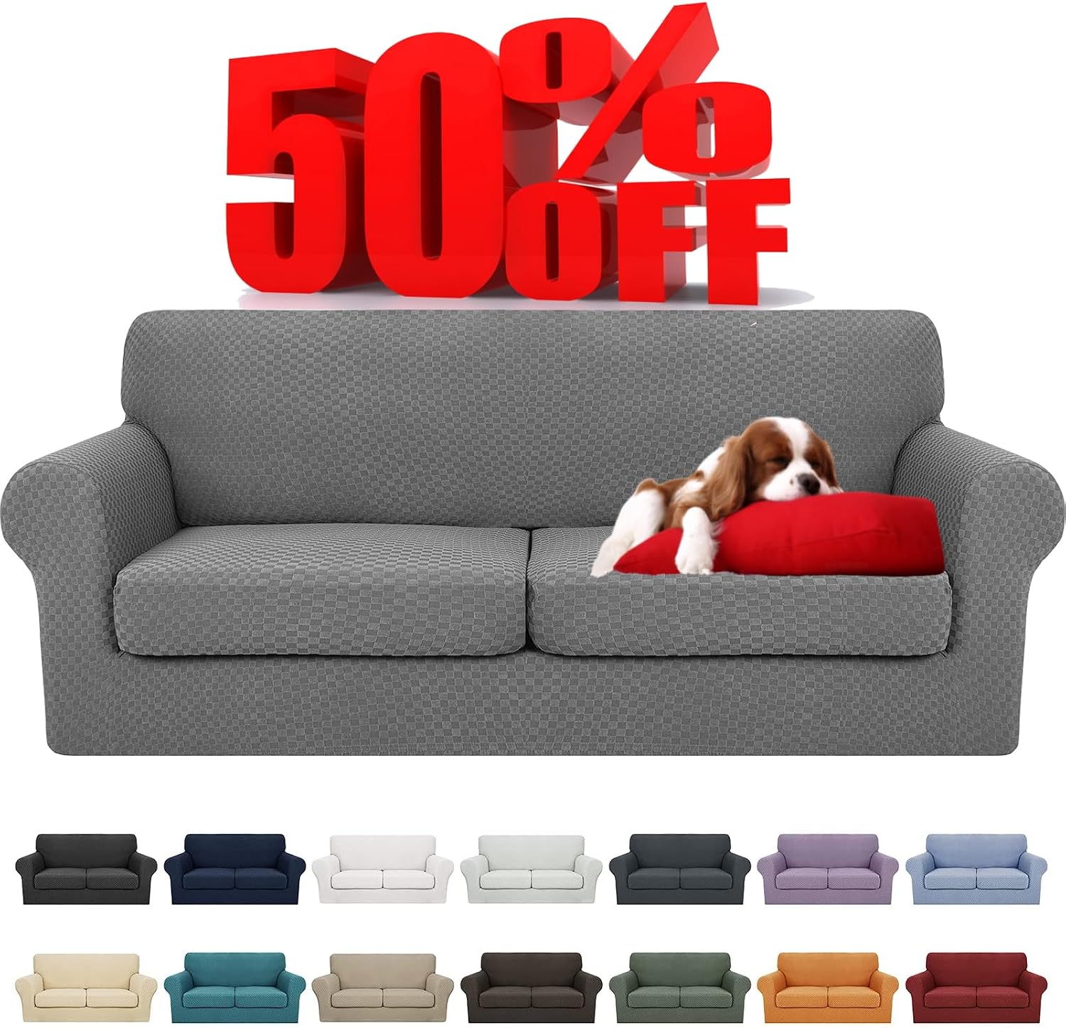 Ashenby Latest Checkered 3 Pieces Couch Covers for 2 Cushion Couch High Stretch Sofa Cover with 2 Extra Large Seat Cushion Covers Anti Slip Elastic