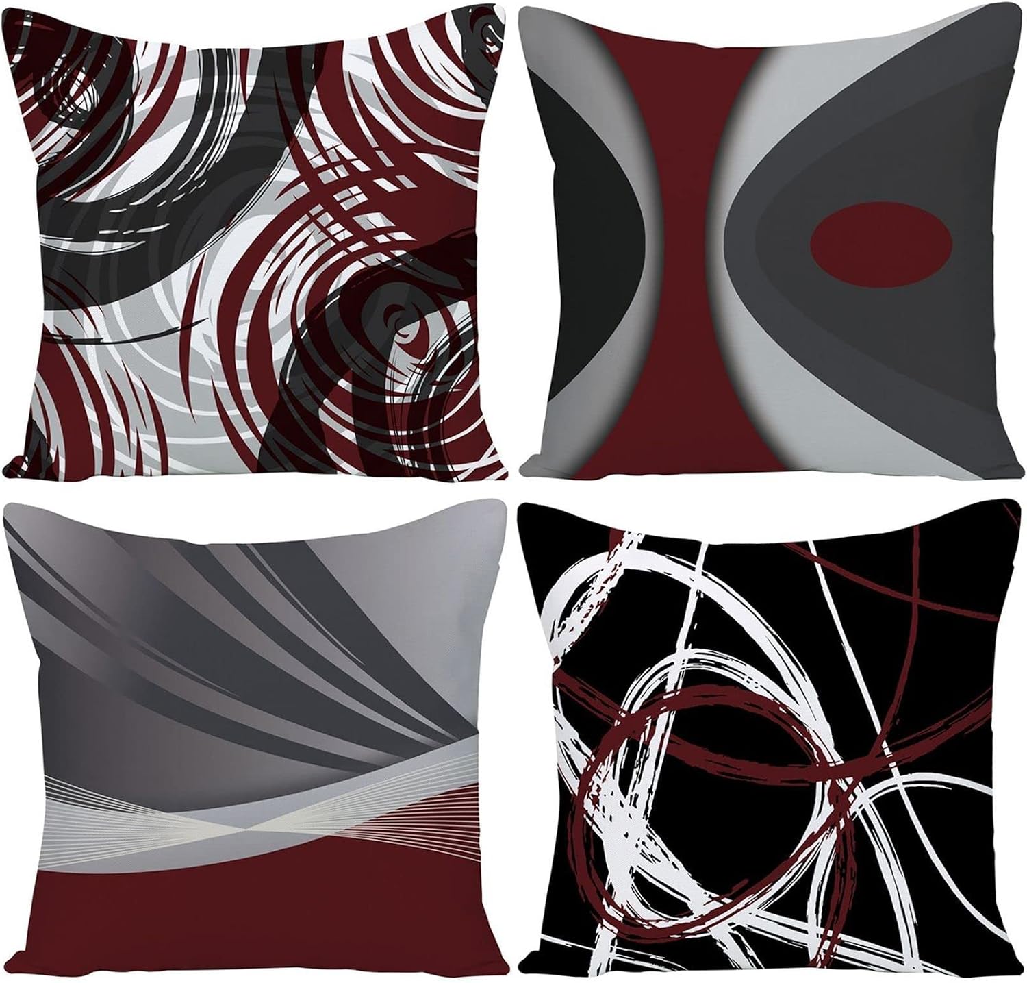 VelloHome Set of 4 Throw Pillow Covers Modern Abstract Wine Red Stripes Gray Black White Acrylic Bold Grey Decorative Pillow Cases Home Decor Square