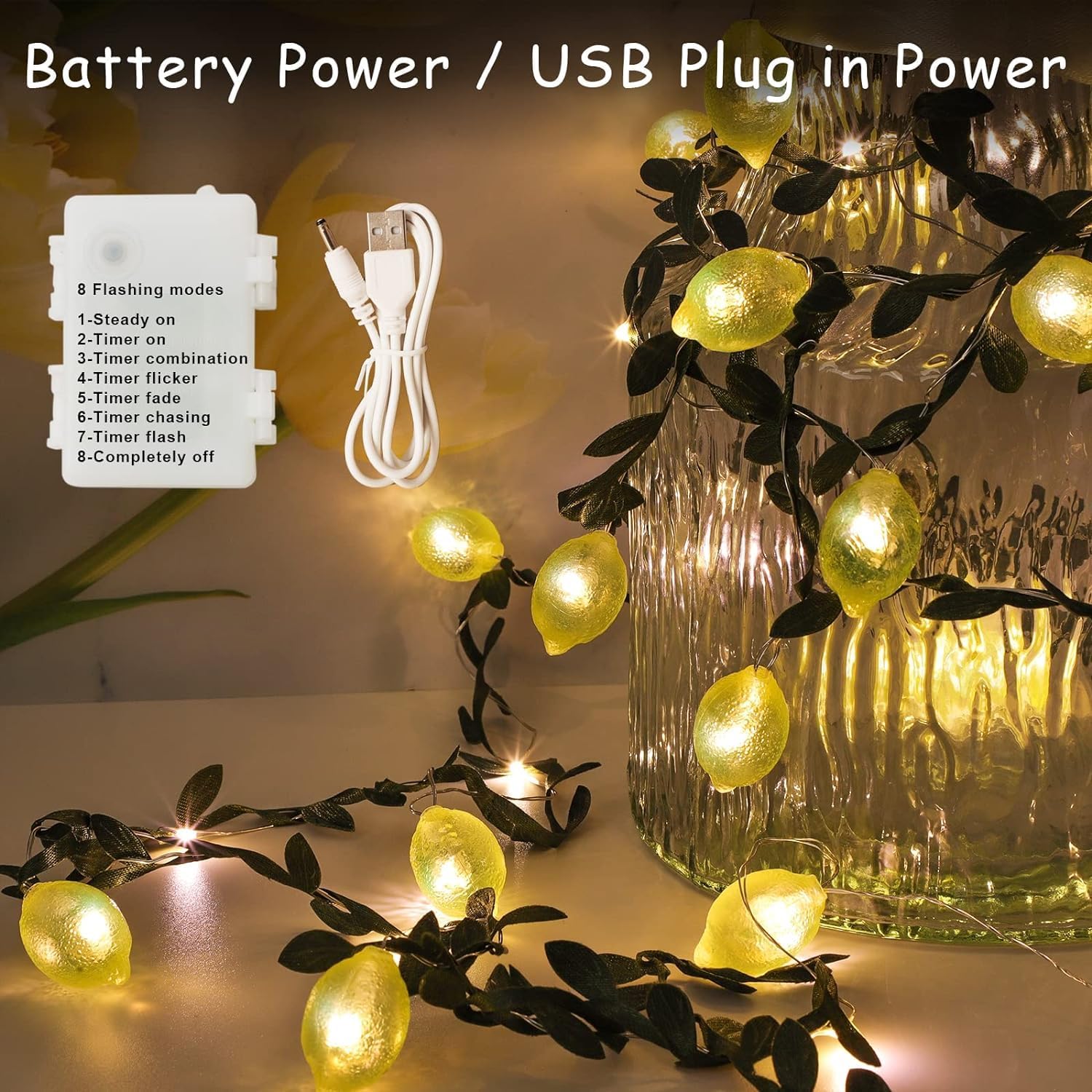 NestoraHome 3D Lemon LED String Lights USB/Battery Operated Light String with Remote Timer 10FT 40LEDs Lemon Light Bulbs with Branches Leaves Fairy