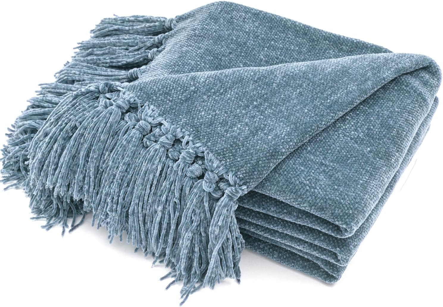 Brackenly Chenille Throw Blanket for Couch, 50"x60", Dusty Blue, 1.5 pounds