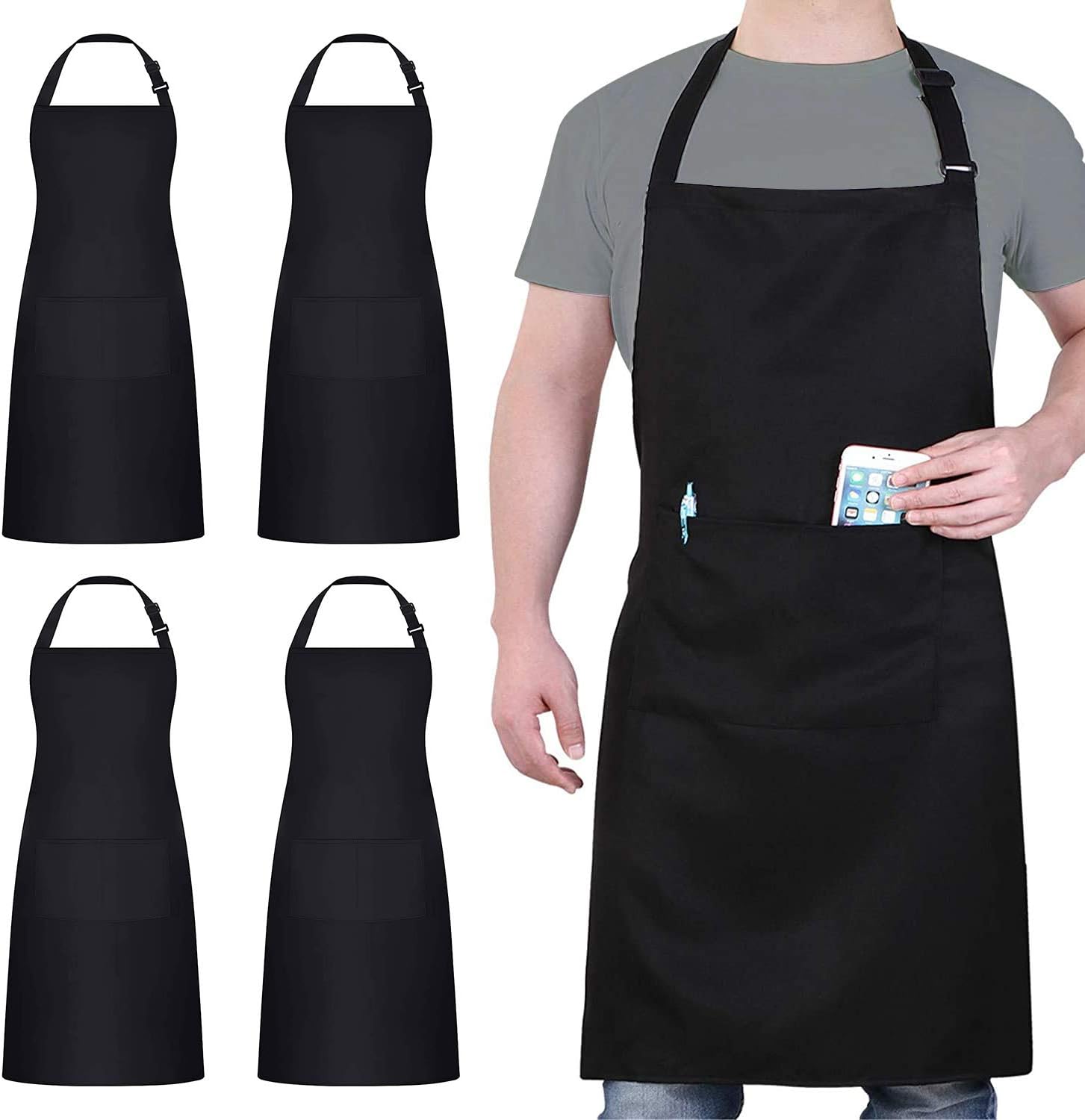 Birchmont 4 Packs Waterproof Cooking Chef Aprons with 2 Pockets for Men Women, Black, 78*67 cm(30.7*26.5 inch)