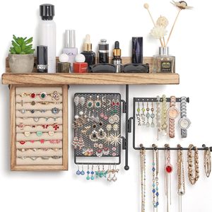 Ashenby Hanging Jewelry Organizer Wall Mount with Rustic Wood Shelf, Ring Display Box, 2 pounds, Carbonized Black