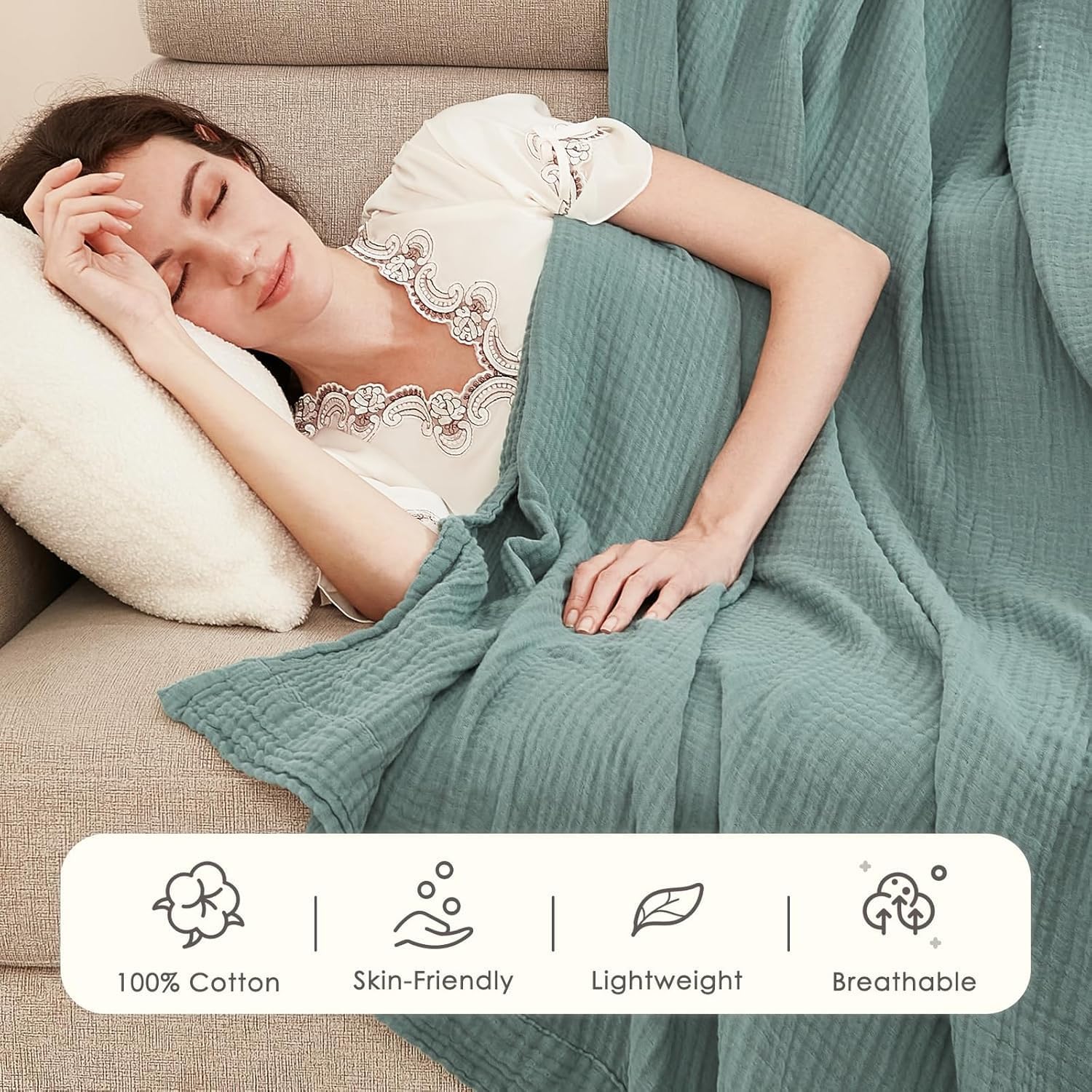 Aldernest Muslin Throw Blankets for Adults Couch 100% Cotton Soft Teal 50"x71", 0.81 kg