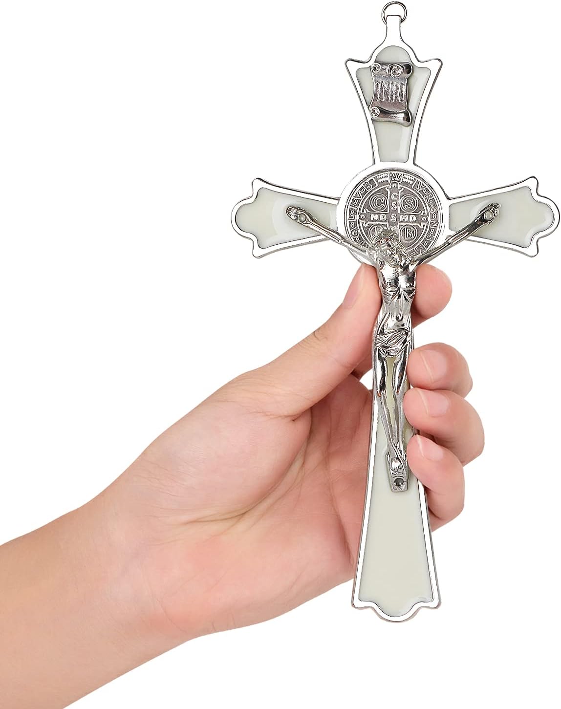 Aldernest Saint Benedict Enamel Crucifix- Crucifix Wall Cross Metal- 8 Inch, 0.21 kg, 8"L x 3.5"W, Cream White